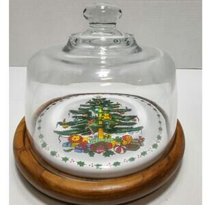 Towle Christmas Tree Holiday Cheese Board Server Teakwood Plate w/Glass Dome VTG